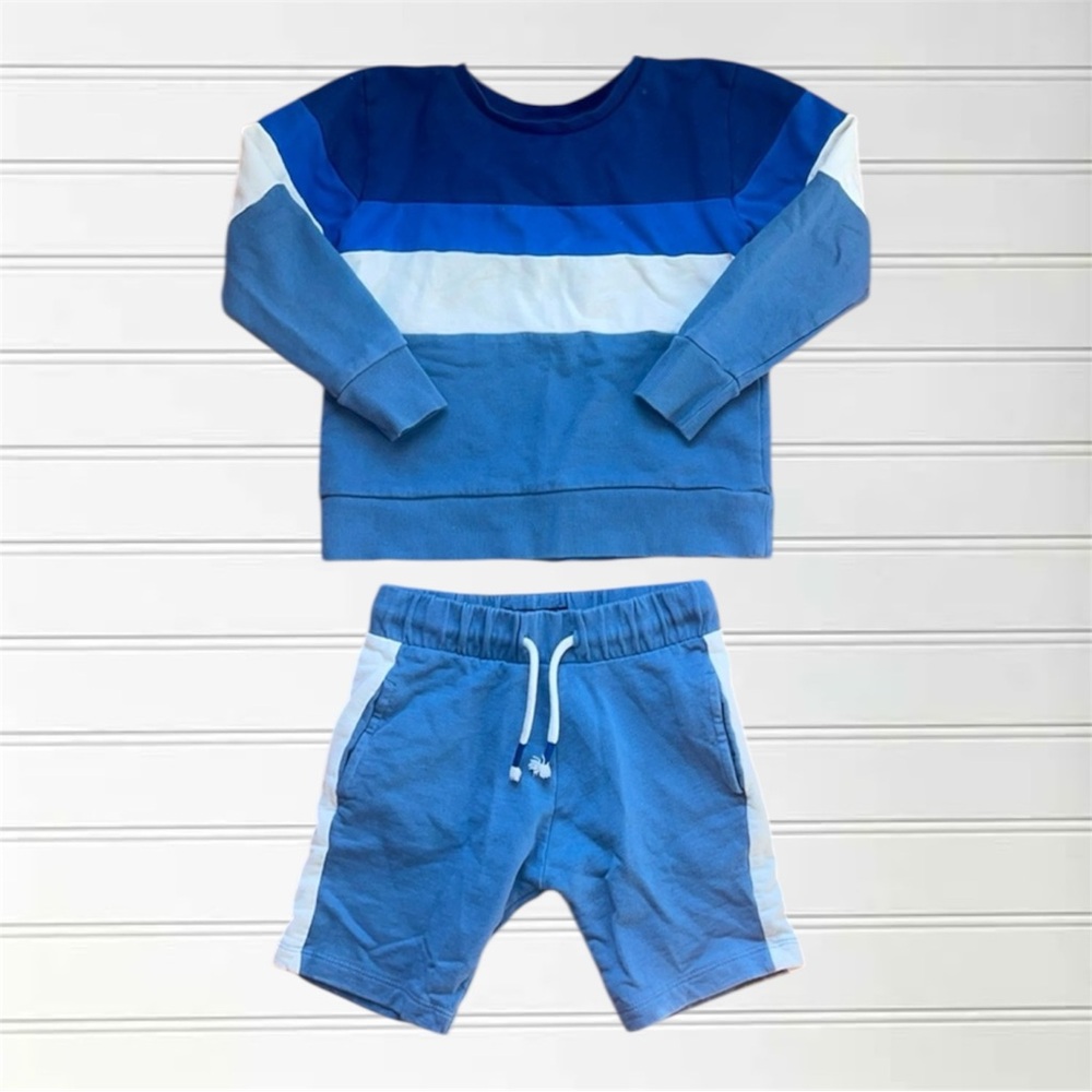 NEXT EUC 100% Cotton Colorblock Crew Neck Sweatshirt Elastic Shorts Comfy Set